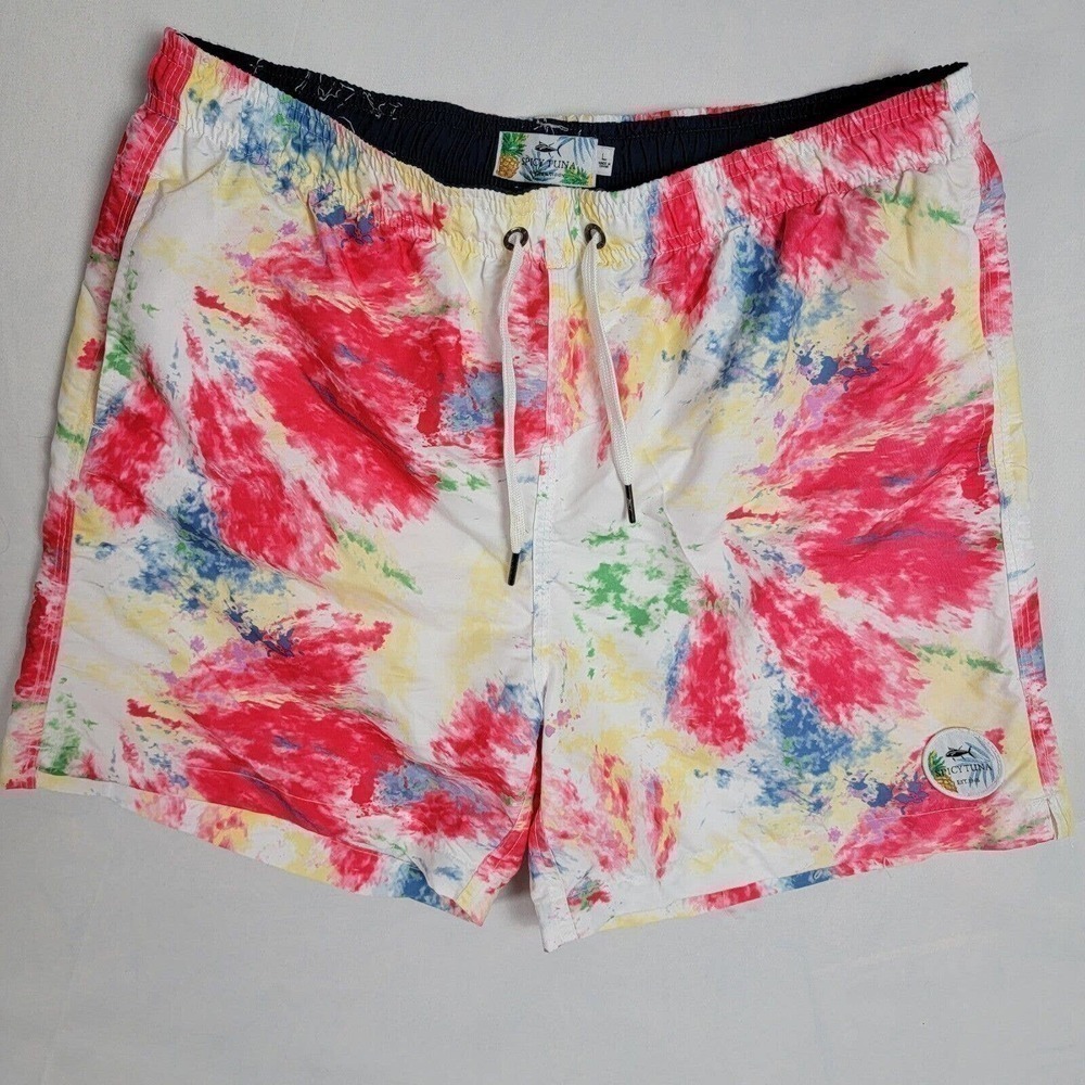 Spicy Tuna Mens L Colorful Tropical Swim Shorts with Built In Briefs